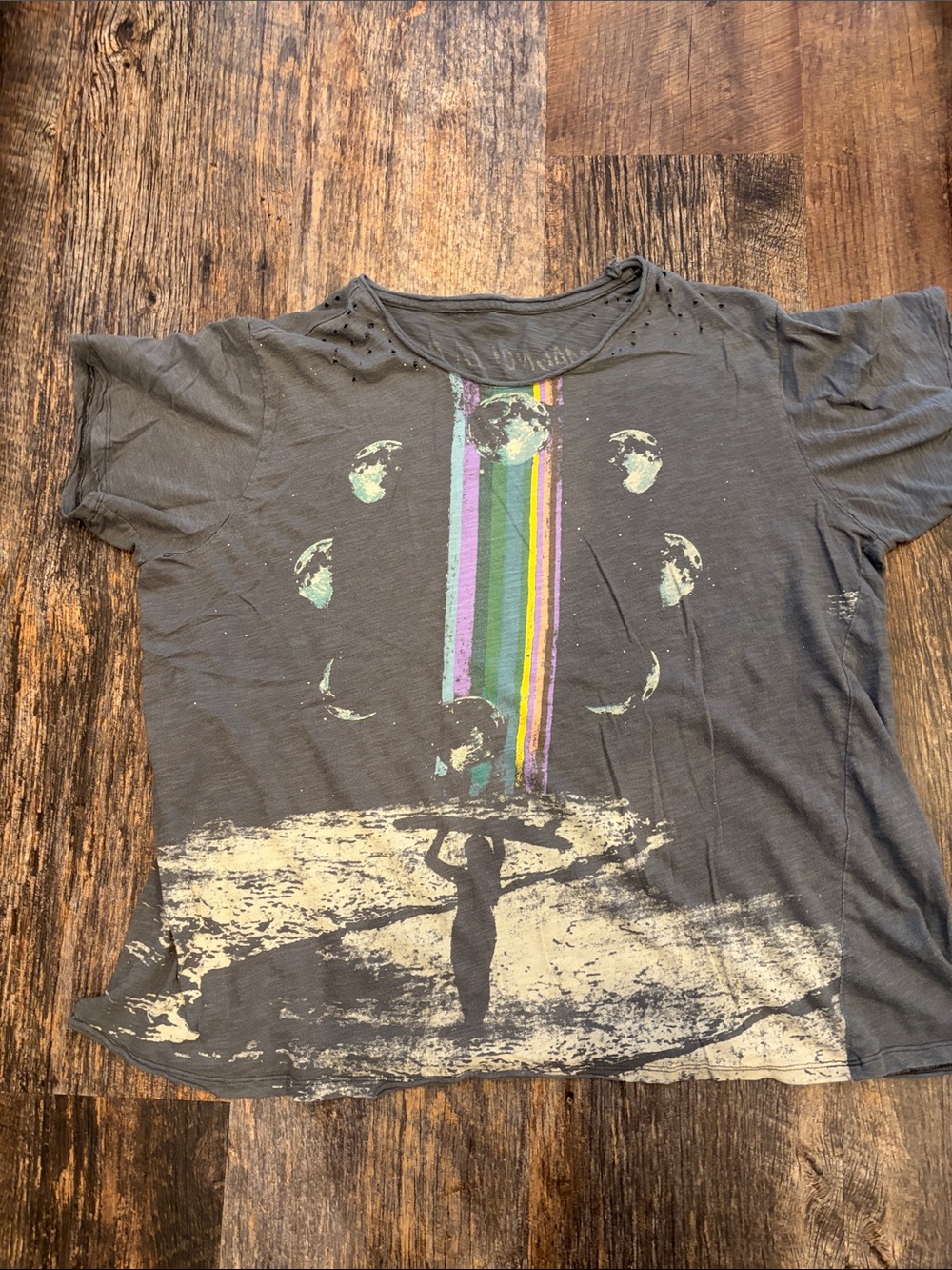 Magnolia Pearl Short Sleeve Surfer Graphic Tee in Charcoal with Rainbow Stripe